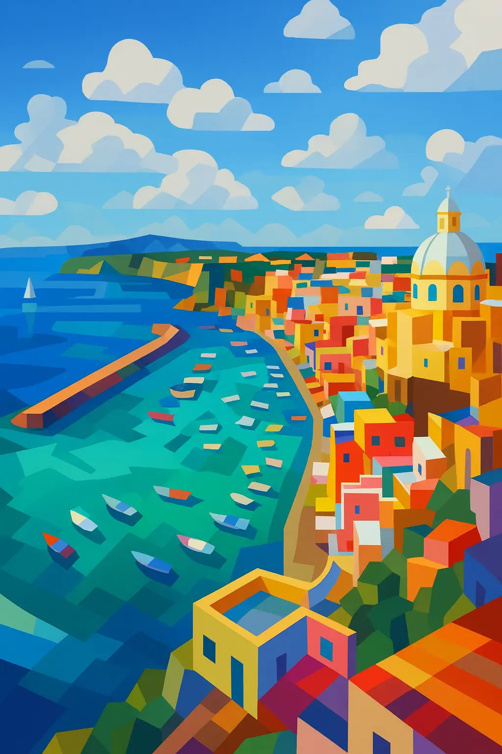 View from above toward Corricella and Terra Murata in Procida